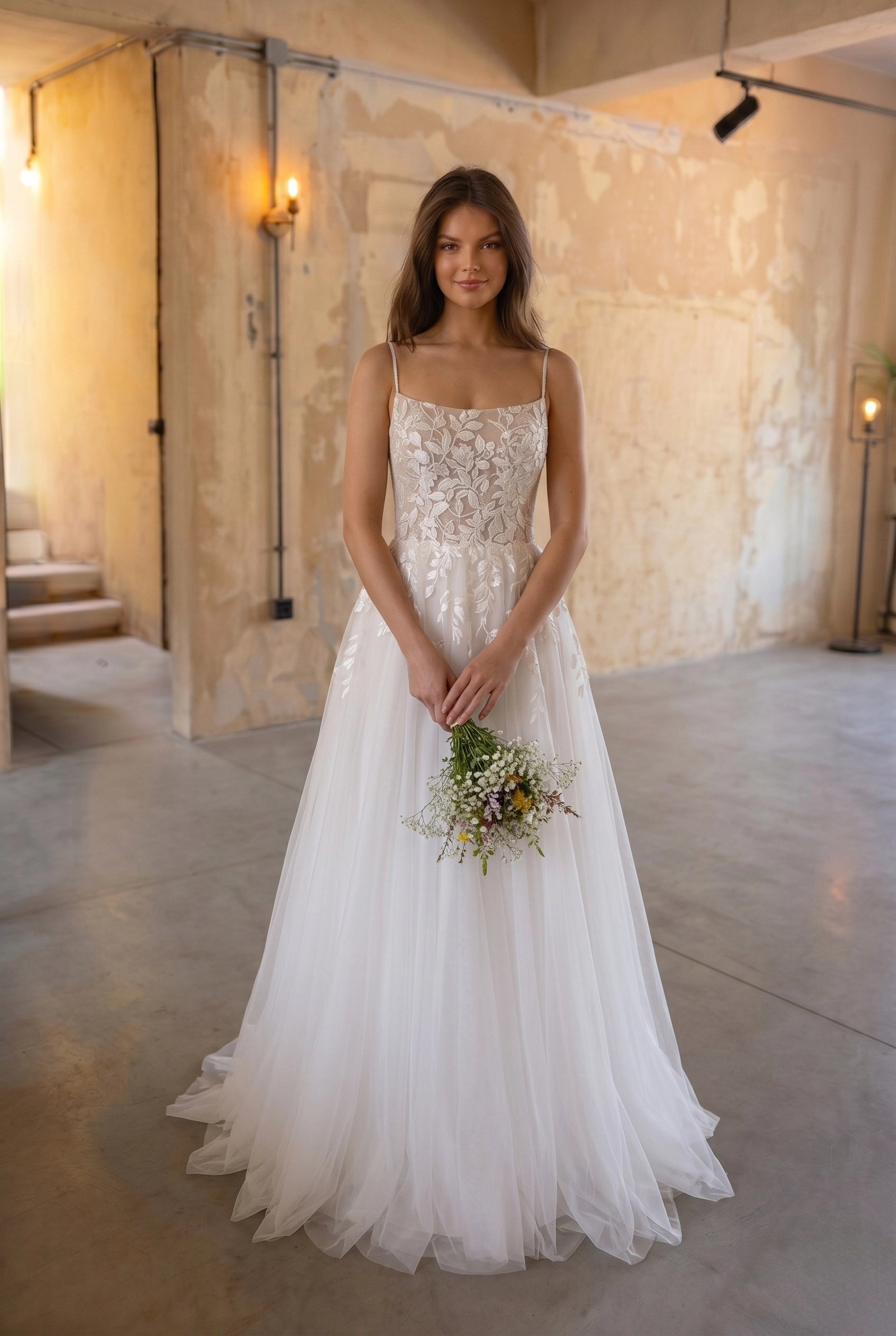 Vedress airy leaf lace square neck spaghetti strap a line tulle elopement wedding dress industrial studio front shot